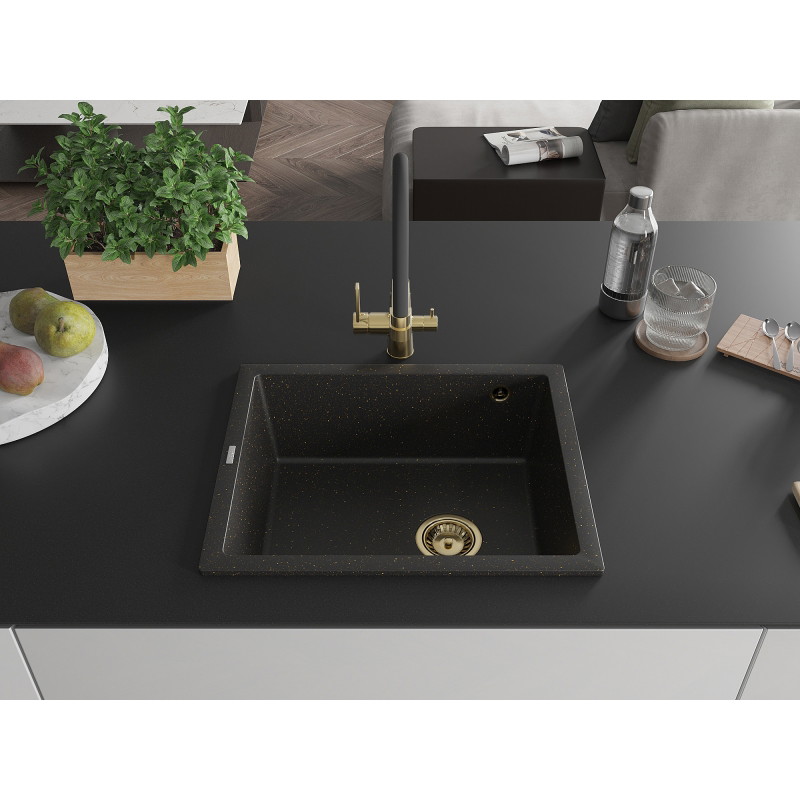 Mexen Pedro granitový dřez 1-komorový 560 x 460 mm, černý/zlatý metalický, sifon zlatý - 6508561000-75-G