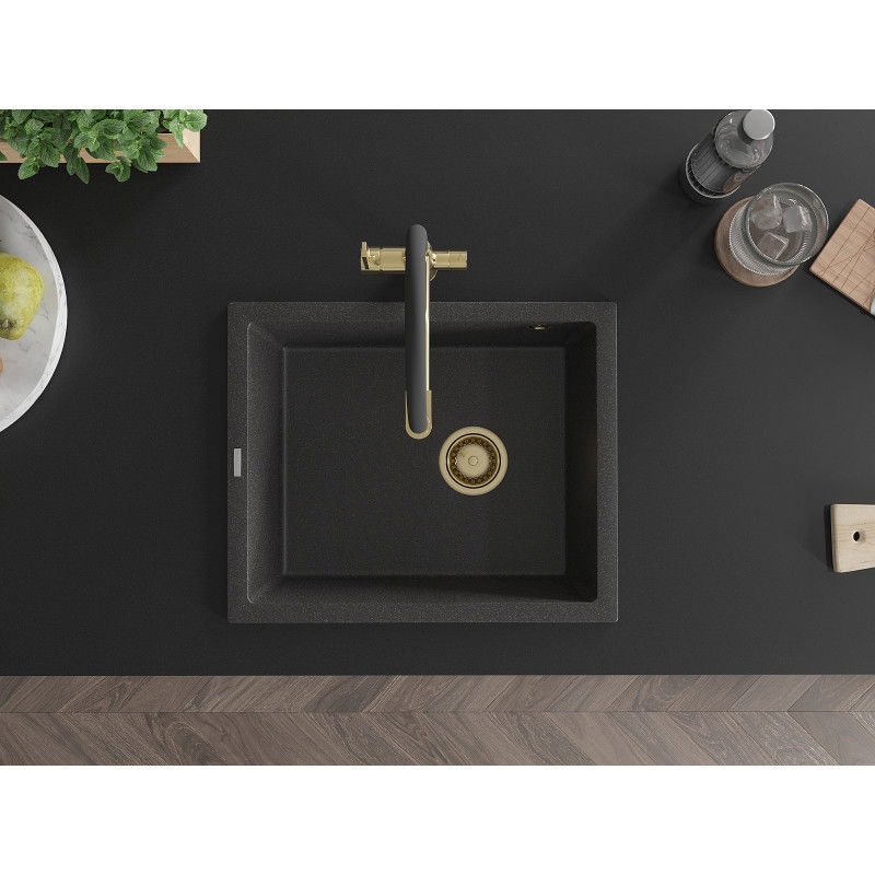 Mexen Pedro granitový dřez 1-komorový 560 x 460 mm, černý s tečkováním, zlatý sifon - 6508561000-76-G