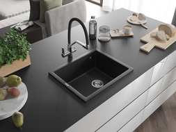 Mexen Pedro granitový dřez 1-komorový 560 x 460 mm, černý, sifon chrom - 6508561000-77