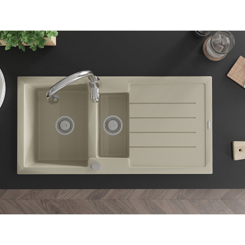 Mexen Andres dřez granitový 1,5-komorový s odkapávačem a kuchyňskou baterií Savita, béžový - 6515-69-672601-00