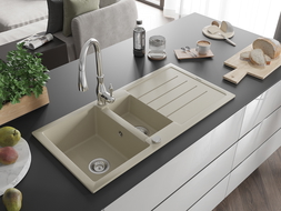 Mexen Andres dřez granitový 1,5-komorový s odkapávačem a kuchyňskou baterií Savita, béžový - 6515-69-672601-00