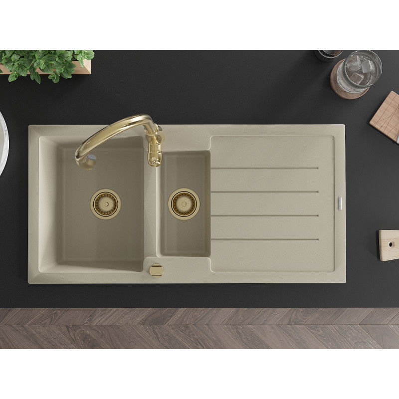 Mexen Andres žulový dřez 1,5-komorový s odkapávačem a kuchyňskou baterií Savita, béžový - 6515-69-672601-50