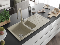 Mexen Andres granitový dřez 1,5-komorový s odkapávačem a kuchyňskou baterií Savita, béžový - 6515-69-672601-69