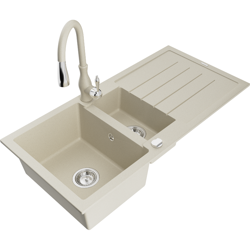 Mexen Andres granitový dřez 1,5-komorový s odkapávačem a kuchyňskou baterií Savita, béžový - 6515-69-672601-69