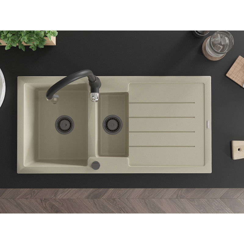 Mexen Andres granitový dřez 1,5-komorový s odkapávačem a kuchyňskou baterií Savita, béžový - 6515-69-672601-70