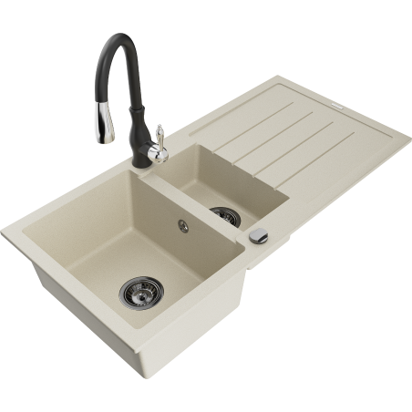 Mexen Andres granitový dřez 1,5-komorový s odkapávačem a kuchyňskou baterií Savita, béžový - 6515-69-672601-70