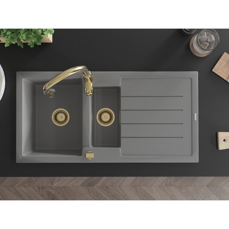 Mexen Andres žulový dřez 1,5-komorový s odkapávačem a kuchyňskou baterií Savita, šedý - 6515-71-672601-50