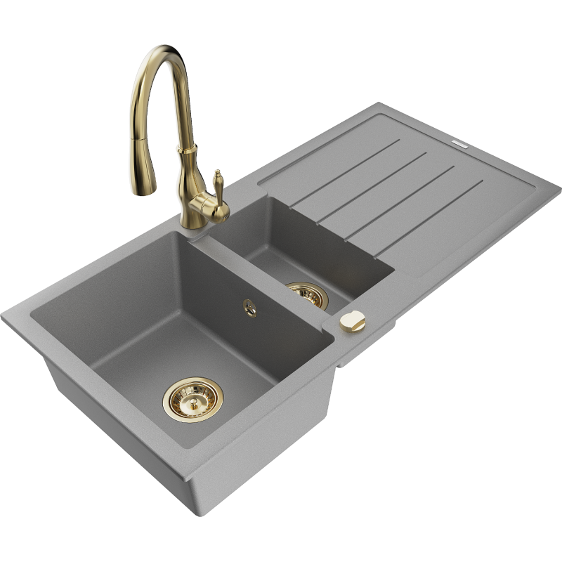 Mexen Andres žulový dřez 1,5-komorový s odkapávačem a kuchyňskou baterií Savita, šedý - 6515-71-672601-50