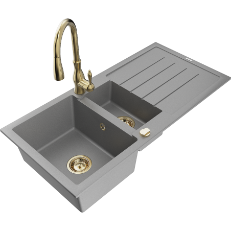 Mexen Andres žulový dřez 1,5-komorový s odkapávačem a kuchyňskou baterií Savita, šedý - 6515-71-672601-50