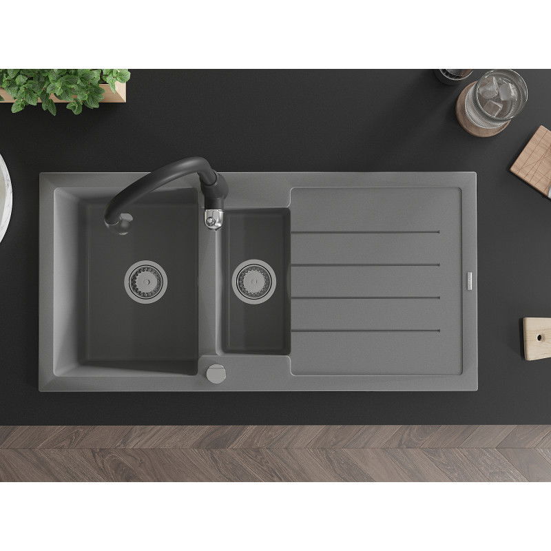 Mexen Andres dřez granitový 1,5-komorový s odkapávačem a kuchyňskou baterií Savita, šedý - 6515-71-672601-70