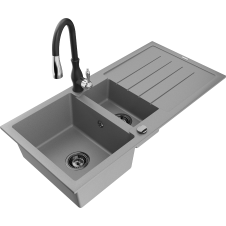 Mexen Andres granitový dřez 1,5-komorový s odkapávačem a kuchyňskou baterií Savita, šedý - 6515-71-672601-70-B