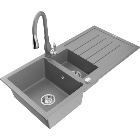 Mexen Andres dřez žulový 1,5-komorový s odkapávačem a kuchyňskou baterií Savita, šedý - 6515-71-672601-71
