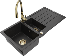 Mexen Andres žulový dřez 1,5-komorový s odkapávačem a kuchyňskou baterií Savita, černý/stříbrný - 6515-73-672601-50