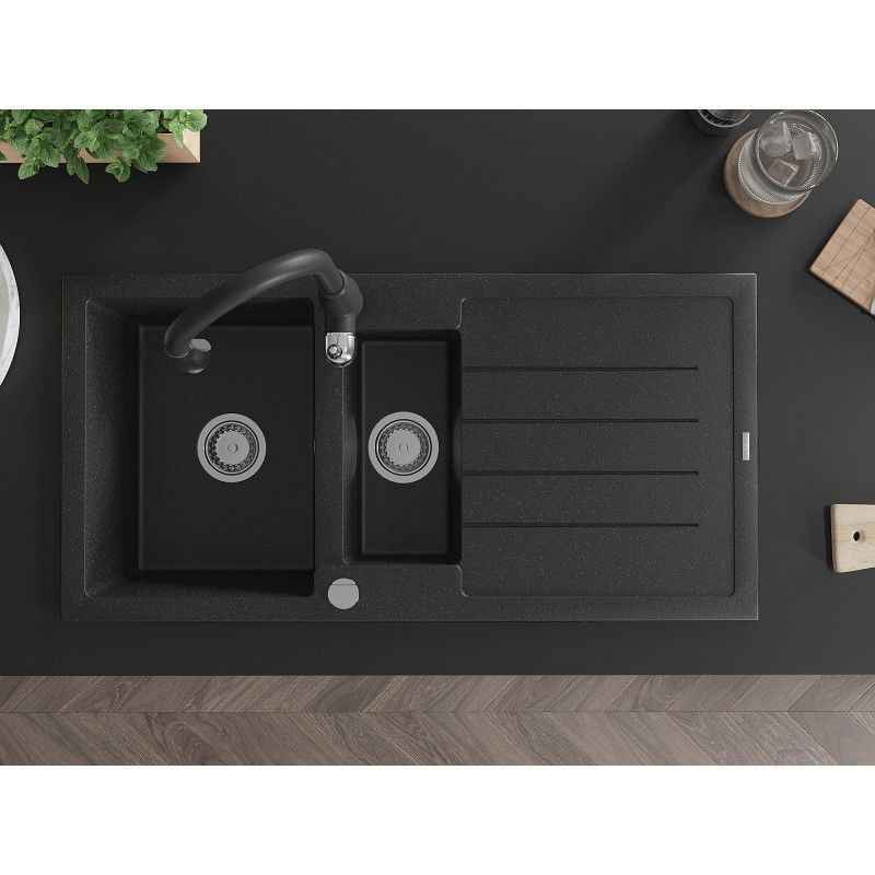 Mexen Andres granitový dřez 1,5-komorový s odkapávačem a kuchyňskou baterií Savita, černý/stříbrný - 6515-73-672601-70