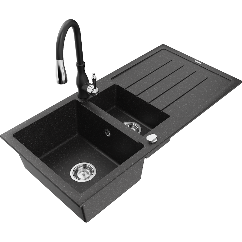 Mexen Andres granitový dřez 1,5-komorový s odkapávačem a kuchyňskou baterií Savita, černý/stříbrný - 6515-73-672601-70
