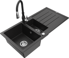 Mexen Andres granitový dřez 1,5-komorový s odkapávačem a kuchyňskou baterií Savita, černý/stříbrný - 6515-73-672601-70