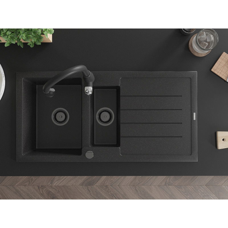Mexen Andres granitový dřez 1,5-komorový s odkapávačem a kuchyňskou baterií Savita, černý/stříbrný - 6515-73-672601-70-B