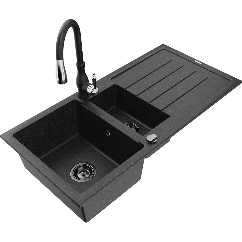 Mexen Andres granitový dřez 1,5-komorový s odkapávačem a kuchyňskou baterií Savita, černý/stříbrný - 6515-73-672601-70-B