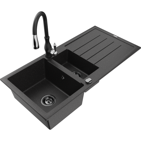 Mexen Andres granitový dřez 1,5-komorový s odkapávačem a kuchyňskou baterií Savita, černý/stříbrný - 6515-73-672601-70-B
