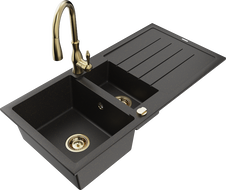Mexen Andres granitový dřez 1,5-komorový s odkapávačem a kuchyňskou baterií Savita, černý/zlatý metalik- 6515-75-672601-50