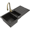 Mexen Andres granitový dřez 1,5-komorový s odkapávačem a kuchyňskou baterií Savita, černý/zlatý - 6515-75-672601-50-B