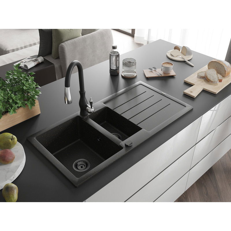 Mexen Andres granitový dřez 1,5-komorový s odkapávačem a kuchyňskou baterií Savita, černý/zlatý - 6515-75-672601-70-B