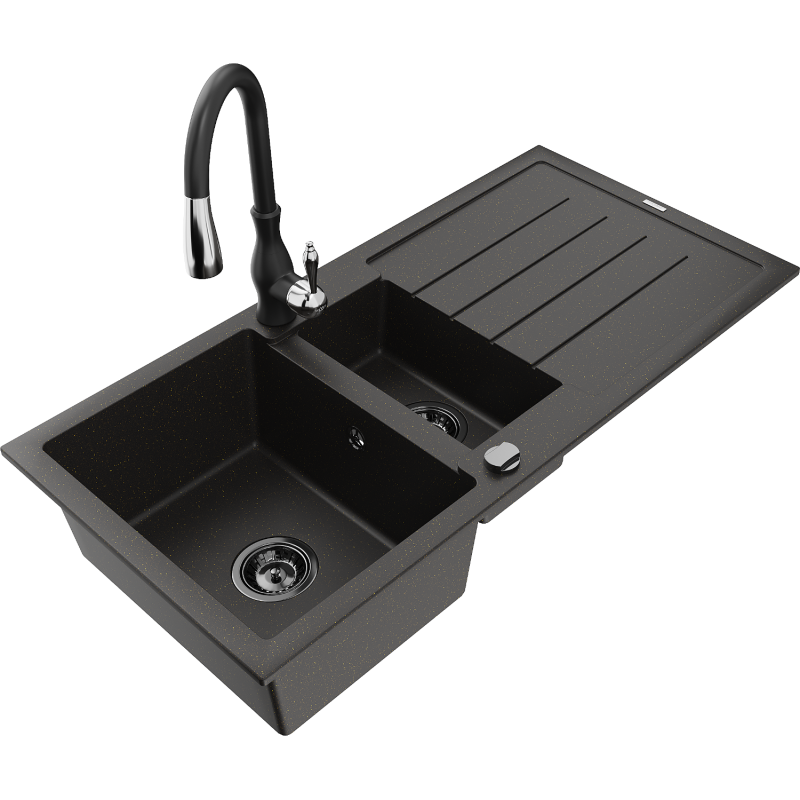 Mexen Andres granitový dřez 1,5-komorový s odkapávačem a kuchyňskou baterií Savita, černý/zlatý - 6515-75-672601-70-B