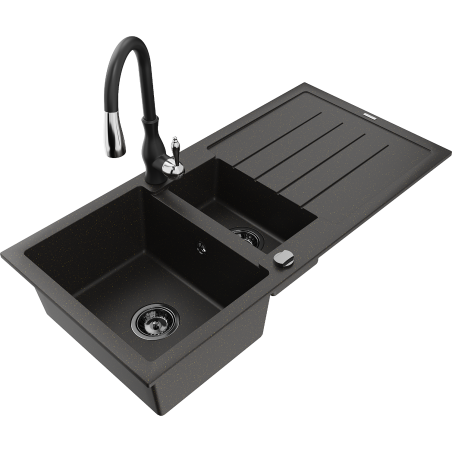 Mexen Andres granitový dřez 1,5-komorový s odkapávačem a kuchyňskou baterií Savita, černý/zlatý - 6515-75-672601-70-B