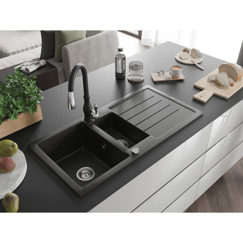 Mexen Andres granitový dřez 1,5-komorový s odkapávačem a kuchyňskou baterií Savita, černý/zlatý metalik - 6515-75-672601-70