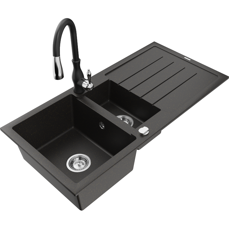 Mexen Andres granitový dřez 1,5-komorový s odkapávačem a kuchyňskou baterií Savita, černý/zlatý metalik - 6515-75-672601-70