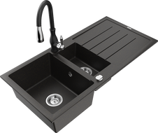 Mexen Andres granitový dřez 1,5-komorový s odkapávačem a kuchyňskou baterií Savita, černý/zlatý metalik - 6515-75-672601-70