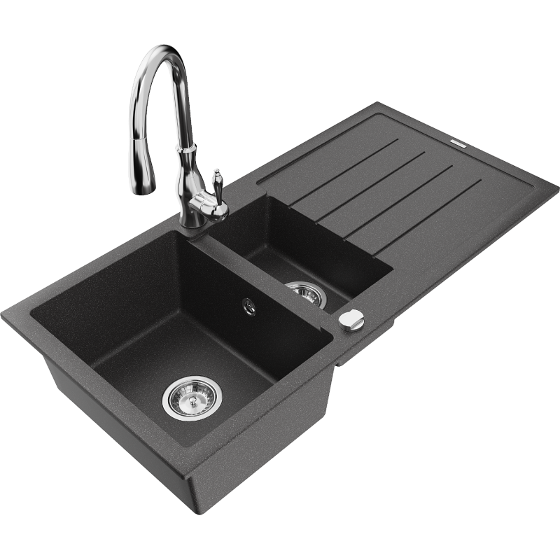 Mexen Andres granitový dřez 1,5-komorový s odkapávačem a kuchyňskou baterií Savita, černý tečkovaný - 6515-76-672601-00