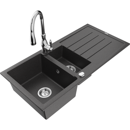 Mexen Andres granitový dřez 1,5-komorový s odkapávačem a kuchyňskou baterií Savita, černý tečkovaný - 6515-76-672601-00