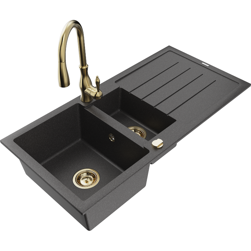 Mexen Andres granitový dřez 1,5-komorový s odkapávačem a kuchyňskou baterií Savita, černý s tečkami - 6515-76-672601-50