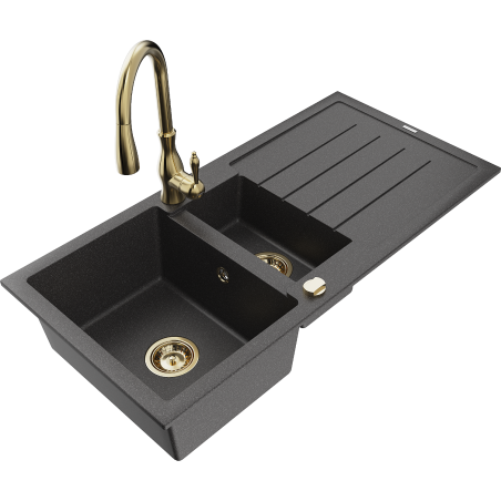 Mexen Andres granitový dřez 1,5-komorový s odkapávačem a kuchyňskou baterií Savita, černý s tečkami - 6515-76-672601-50