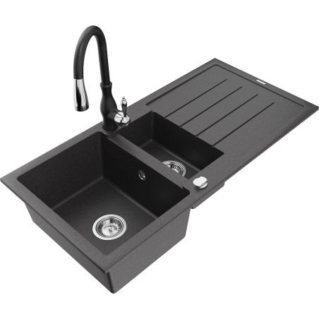 Mexen Andres žulový dřez 1,5-komorový s odkapávačem a kuchyňskou baterií Savita, černý tečkovaný - 6515-76-672601-70