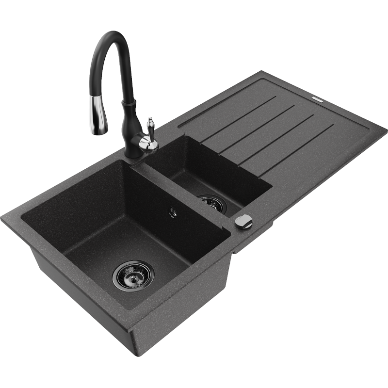 Mexen Andres granitový dřez 1,5-komorový s odkapávačem a kuchyňskou baterií Savita, černý skvrnitý - 6515-76-672601-70-B