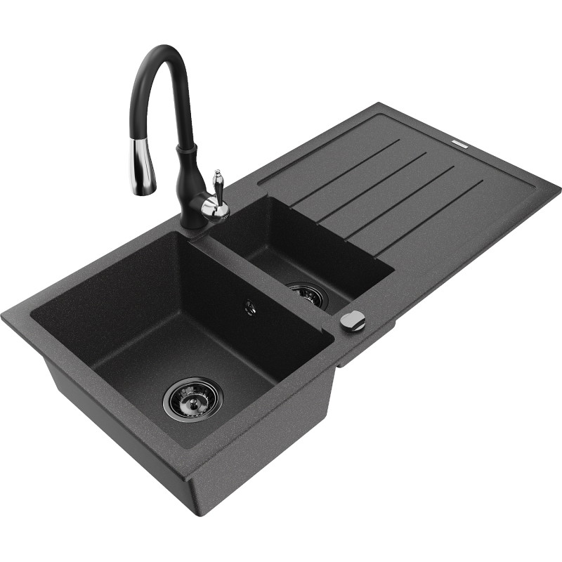 Mexen Andres žulový dřez 1,5-komorový s odkapávačem a kuchyňskou baterií Savita, černý s fleky - 6515-76-672601-70-B