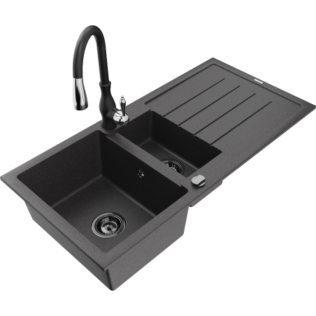 Mexen Andres granitový dřez 1,5-komorový s odkapávačem a kuchyňskou baterií Savita, černý skvrnitý - 6515-76-672601-70-B