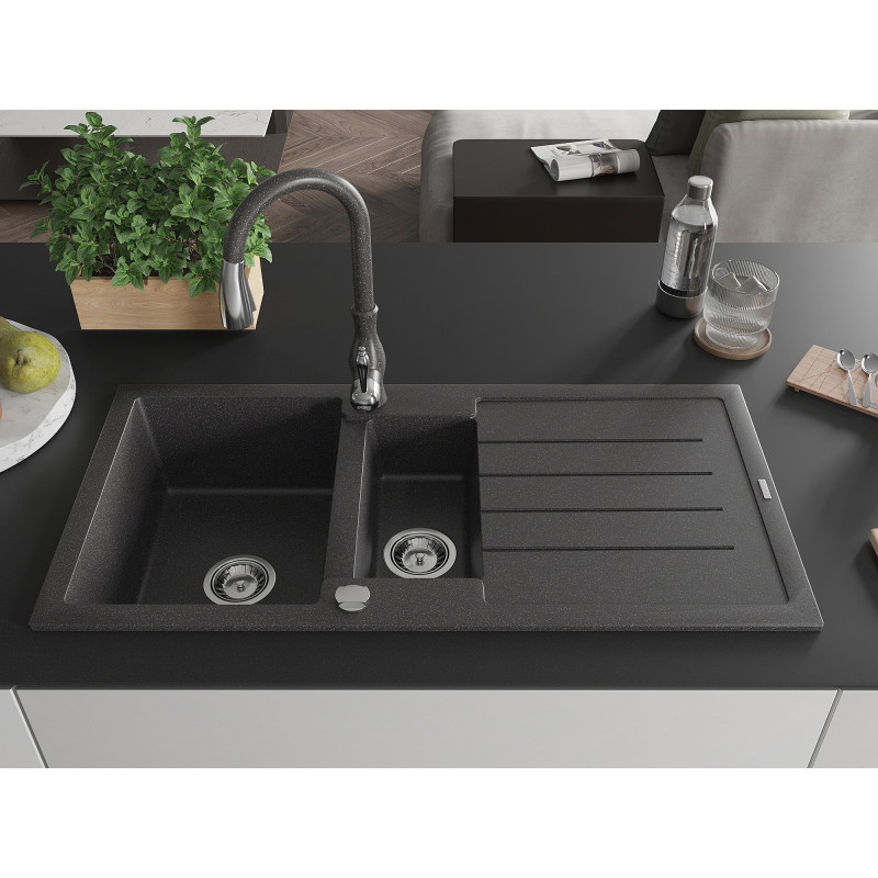 Mexen Andres Granitový dřez 1,5 komorový s odkapávačem a kuchyňskou baterií Savita, černý skvrnitý - 6515-76-672601-76