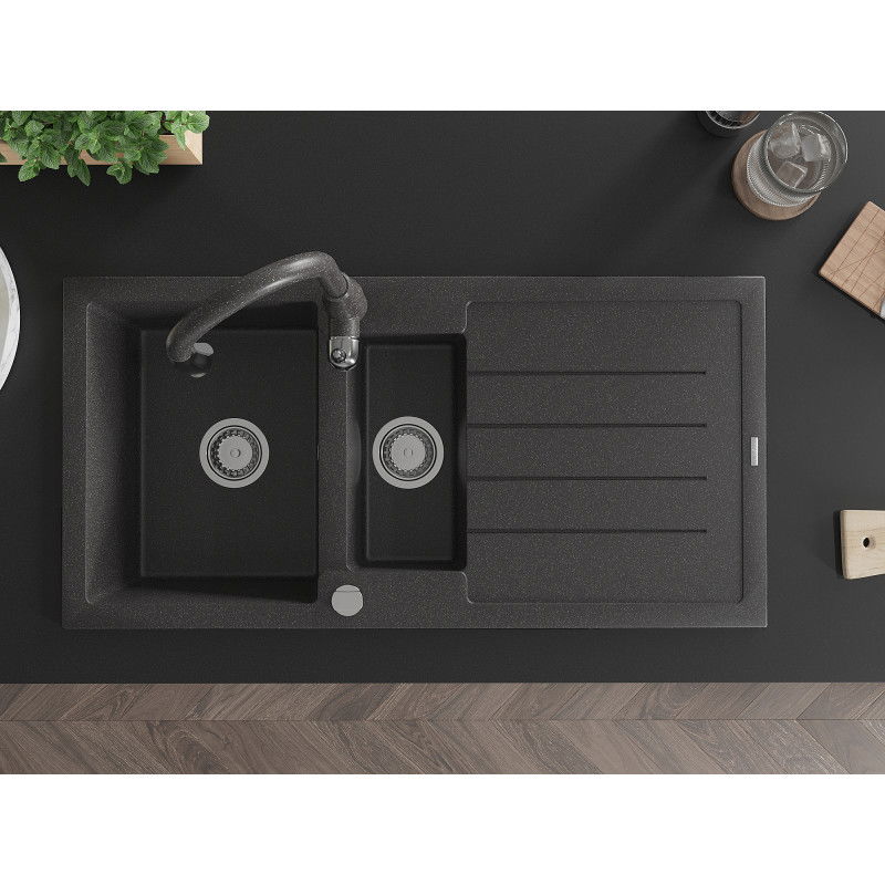 Mexen Andres žulový dřez 1,5-komorový s odkapávačem a kuchyňskou baterií Savita, černý skvrnitý - 6515-76-672601-76