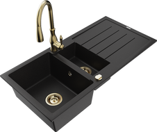 Mexen Andres granitový dřez 1,5-komorový s odkapávačem a kuchyňskou baterií Savita, černý - 6515-77-672601-50