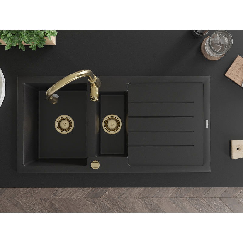 Mexen Andres granitový dřez 1,5-komorový s odkapávačem a kuchyňskou baterií Savita, černý - 6515-77-672601-50
