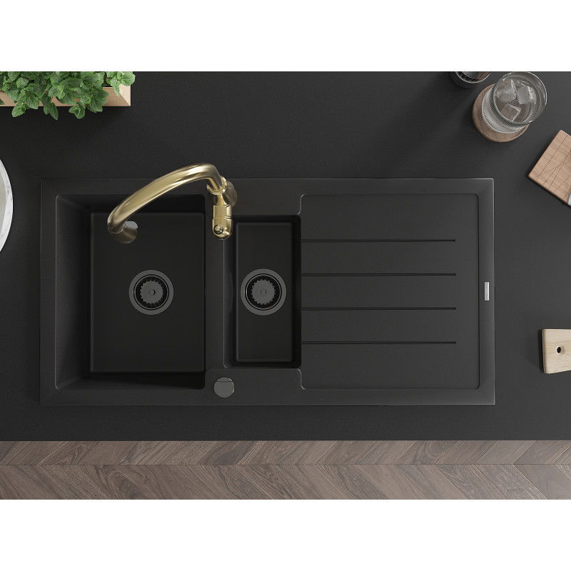 Mexen Andres granitový dřez 1,5-komorový s odkapávačem a kuchyňská baterie Savita, černý - 6515-77-672601-50-B