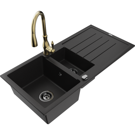 Mexen Andres granitový dřez 1,5-komorový s odkapávačem a kuchyňská baterie Savita, černý - 6515-77-672601-50-B