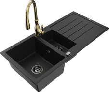 Mexen Andres granitový dřez 1,5-komorový s odkapávačem a kuchyňská baterie Savita, černý - 6515-77-672601-50-B