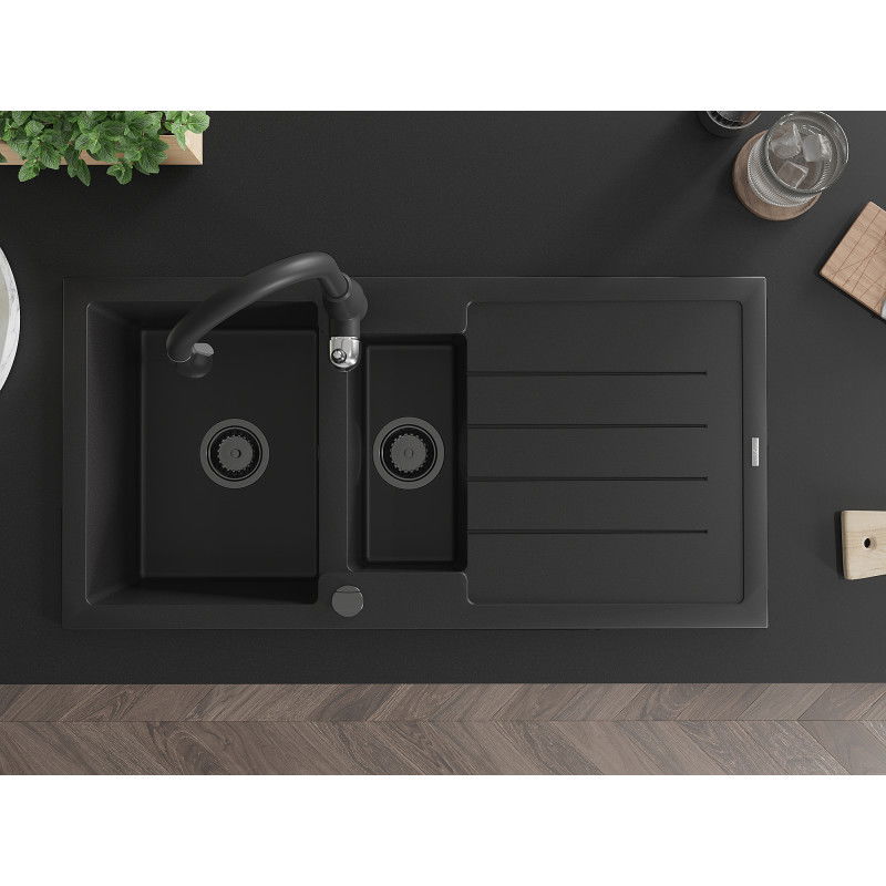 Mexen Andres granitový dřez 1,5-komorový s odkapávačem a kuchyňskou baterií Savita, černý - 6515-77-672601-70-B