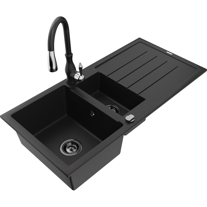 Mexen Andres granitový dřez 1,5-komorový s odkapávačem a kuchyňskou baterií Savita, černý - 6515-77-672601-70-B