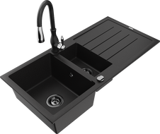 Mexen Andres granitový dřez 1,5-komorový s odkapávačem a kuchyňskou baterií Savita, černý - 6515-77-672601-70-B