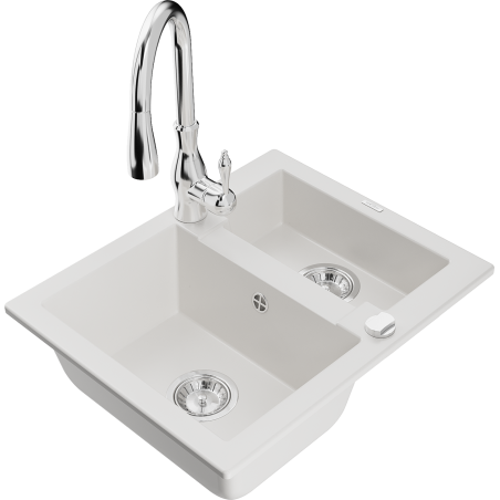 Mexen Carlos granitový dřez 1,5-komorový s kuchyňskou baterií Savita, bílý - 6518-20-672601-00